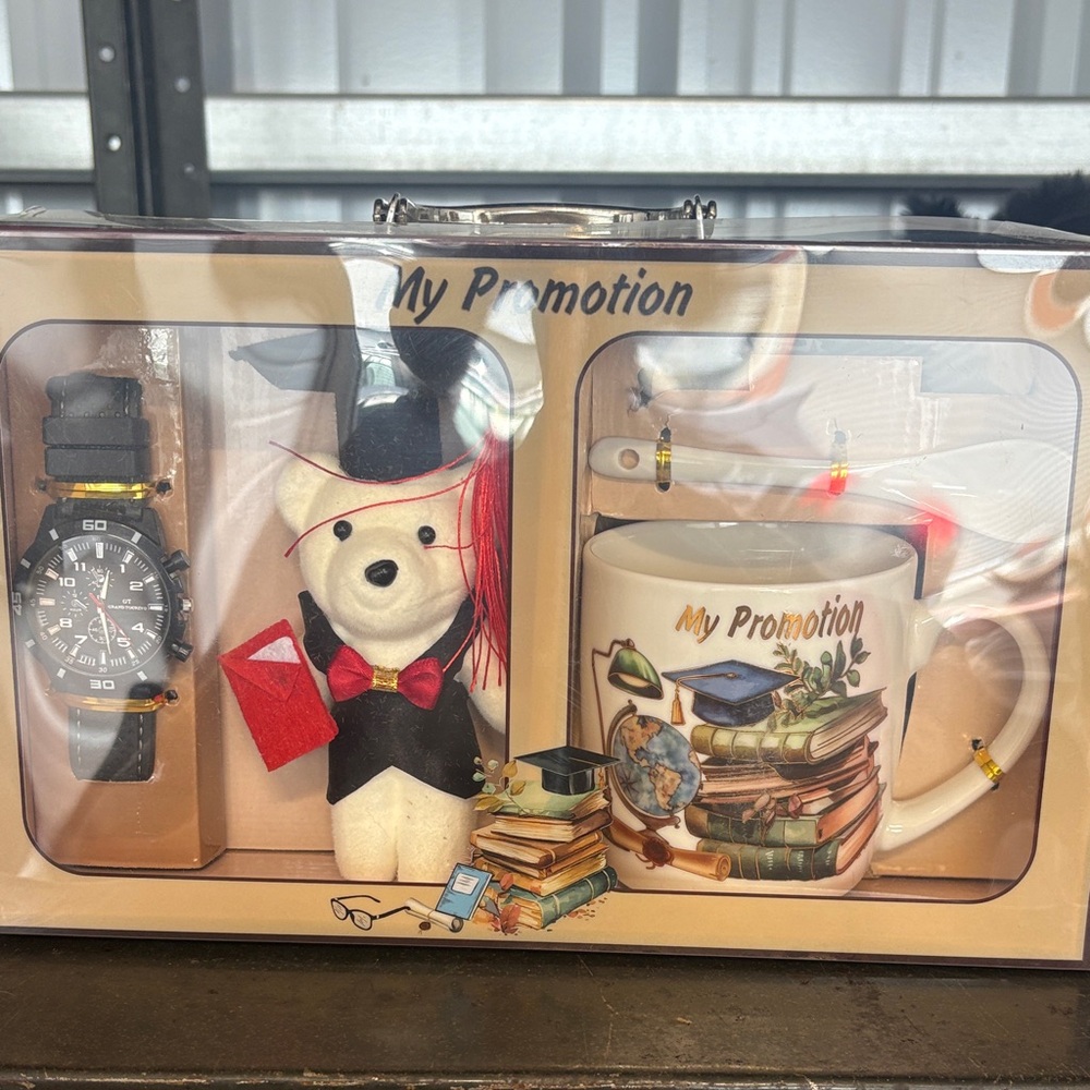 Graduation Gift Set with Bear, Watch & Mug - White, Black, Red
